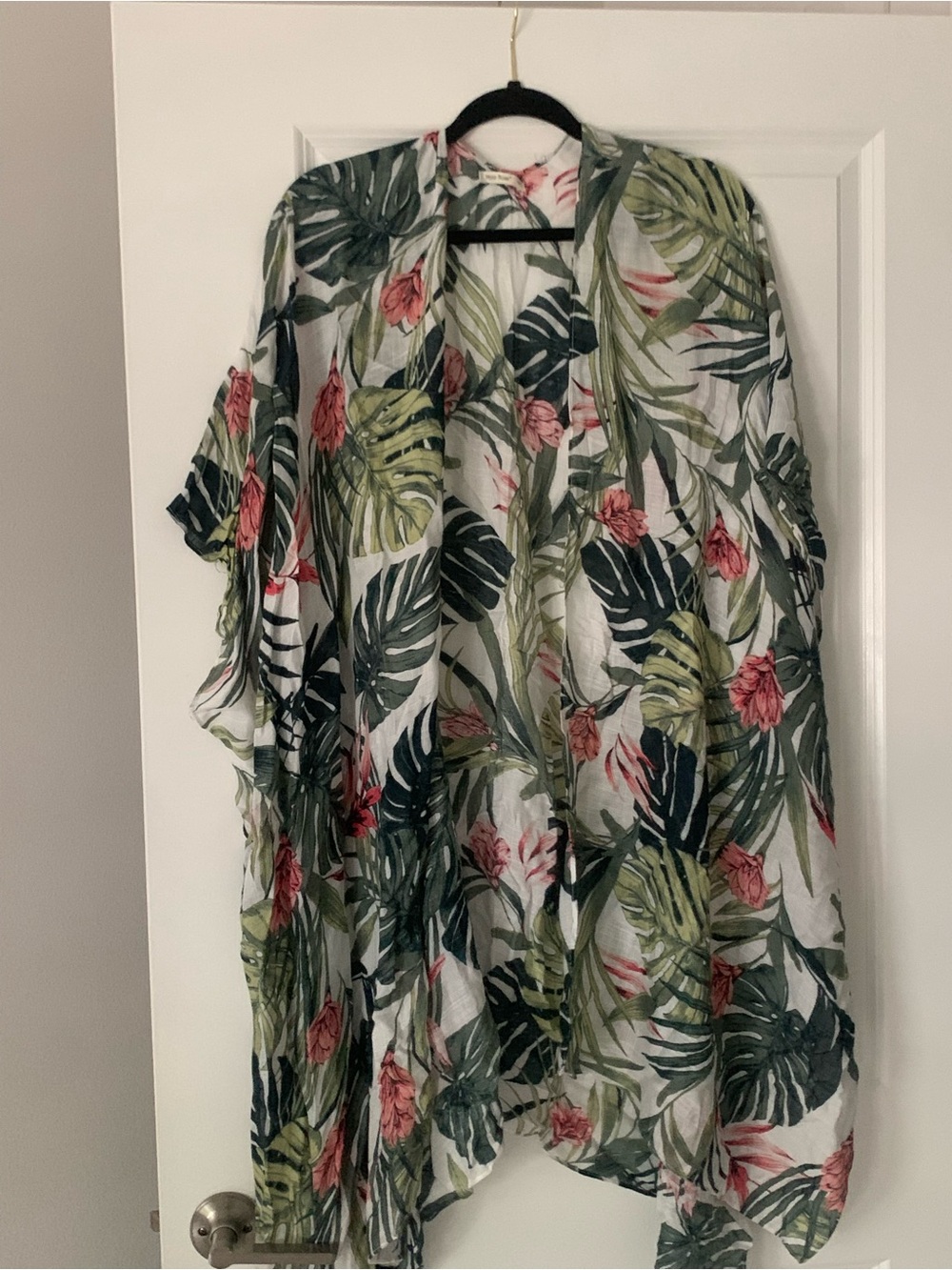 Moos Rose Tropical Leaf & Floral Sheer Kimono Cover-Up - Green & Pink